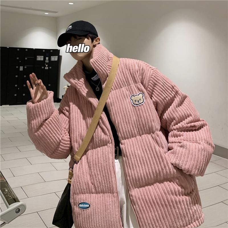 Corduroy cott men's new embroidered bear winter jacket with cotton thickening trend label, handsome couple_voghion.com