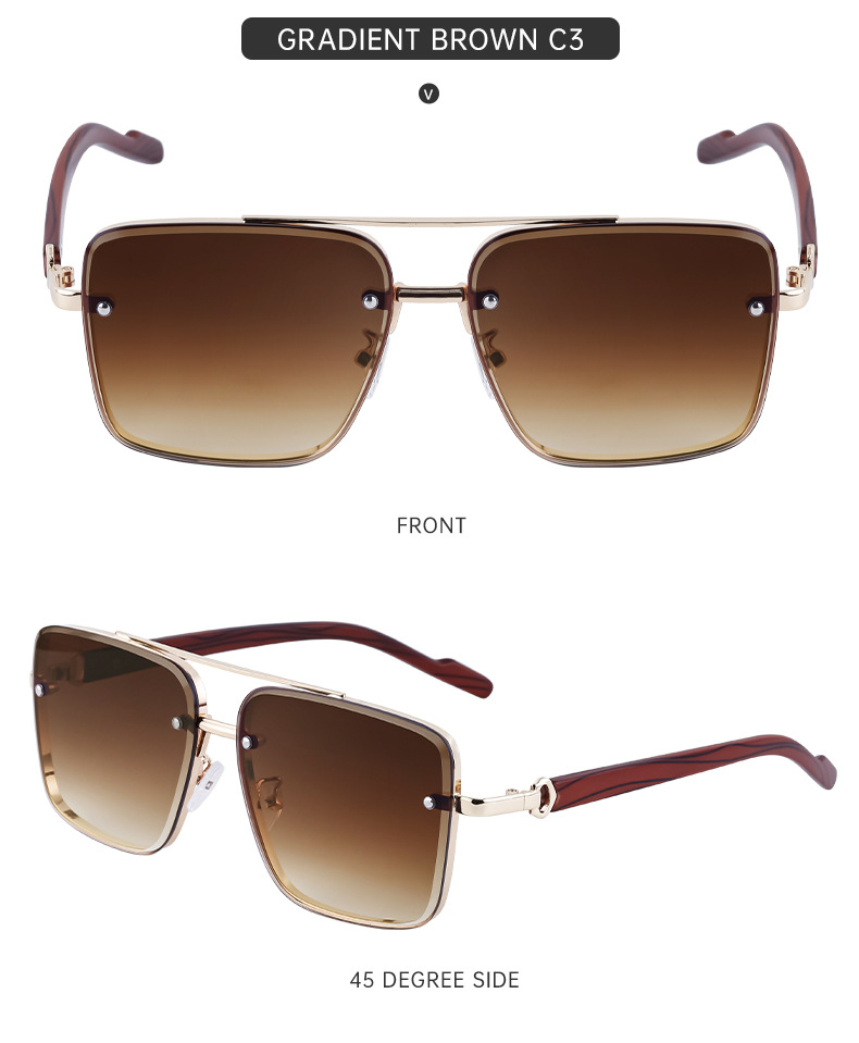 2024 Neue europäische und amerikanische Vintage-Doppelstrahl-Sonnenbrille aus Metall für Herren, Spiegelbeine aus Holzimitat, Anti-Blaulicht-Sonnenbrille für Herren_voghion.com