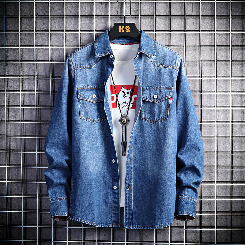 Herrenbekleidung Neues verdicktes Herren-Jeanshemd mit langen Ärmeln Trendy Jugendjacke Hemd_voghion.com