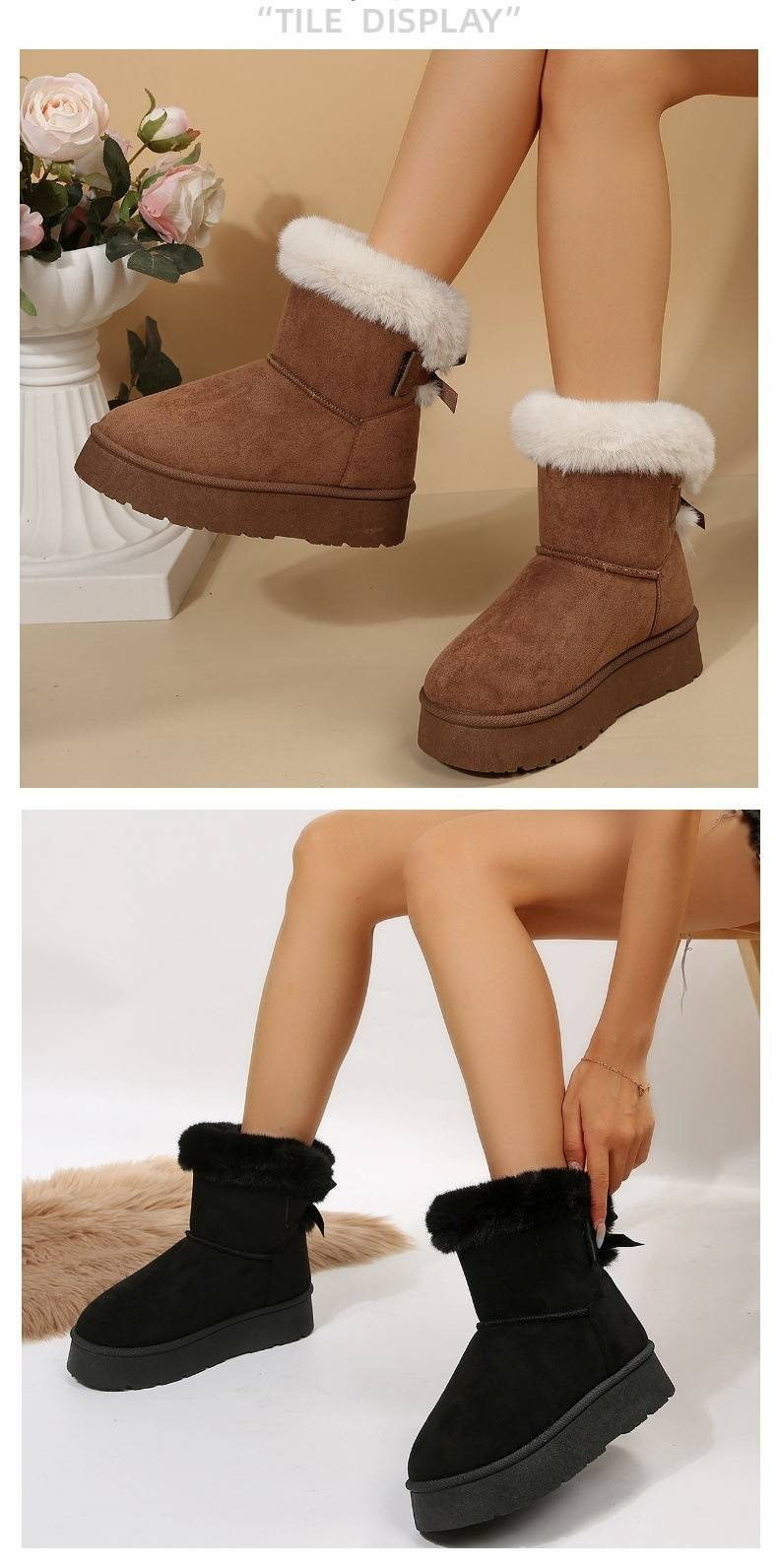 Agregue vellón y botas de nieve gruesas a los zapatos de algodón con lazo peludo de suela gruesa sin cordones del invierno 2024_voghion.com