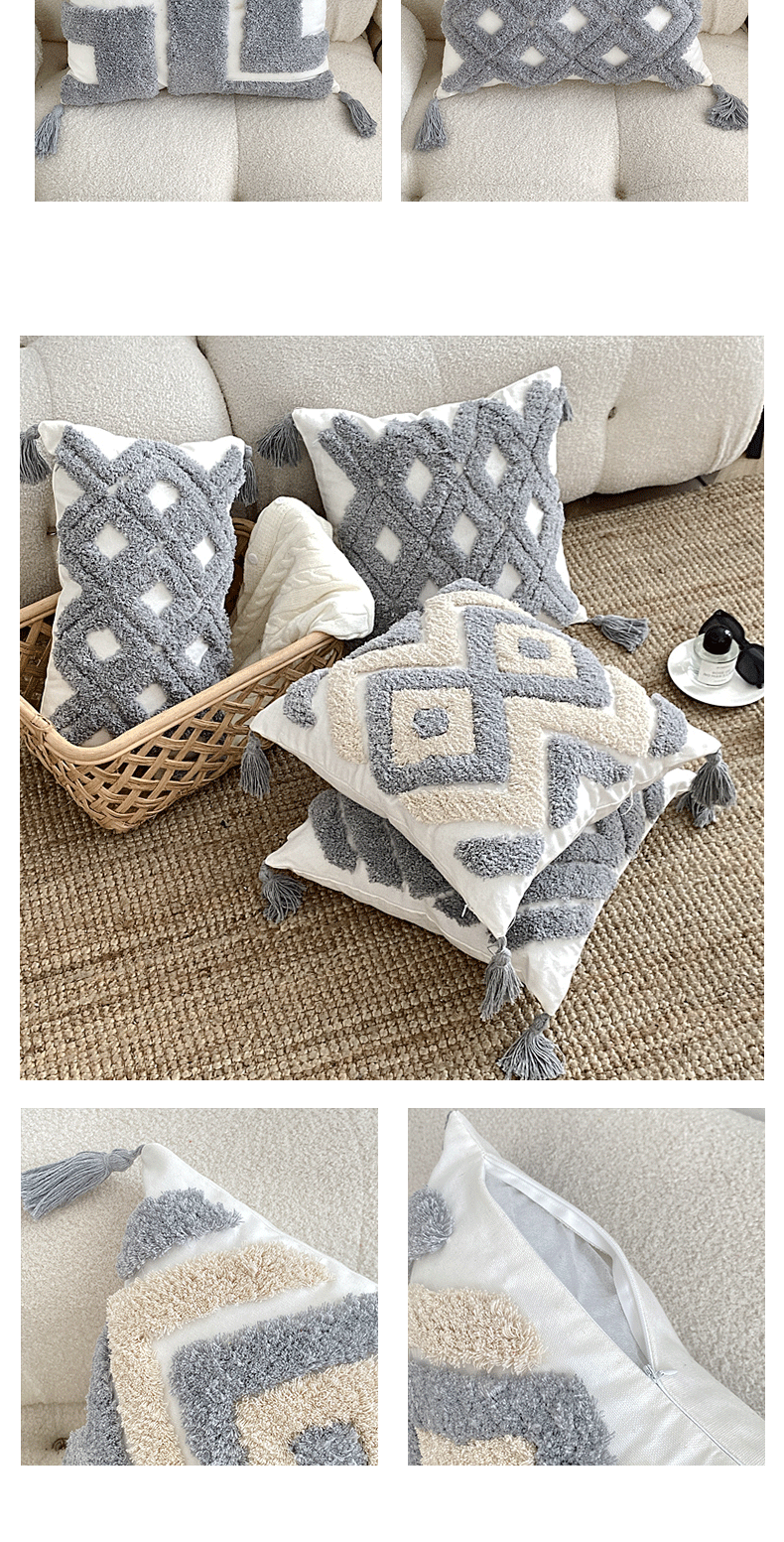 Cuscino trapuntato bohémien con nappe - Cuscino scandinavo per divano, letto e soggiorno_voghion.com