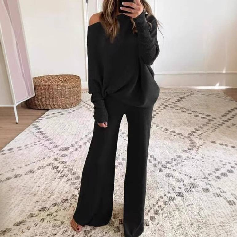 Women's Autumn Winter Solid Color Casual Batwing Sleeve Top With Drawstring High Waist Wide Leg Pants Knit Two-Piece Set_voghion.com