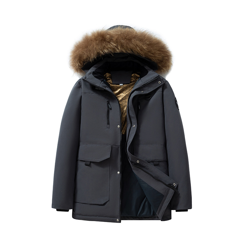 Schwerer Parka für Herrenbekleidung mit Kunstpelzbesatz, Entendaunenjacke mit 900er-Füllkraft für extreme Kälte (-50 °C bis -20 °C), jugendlicher Stil, Reißverschluss_voghion.com