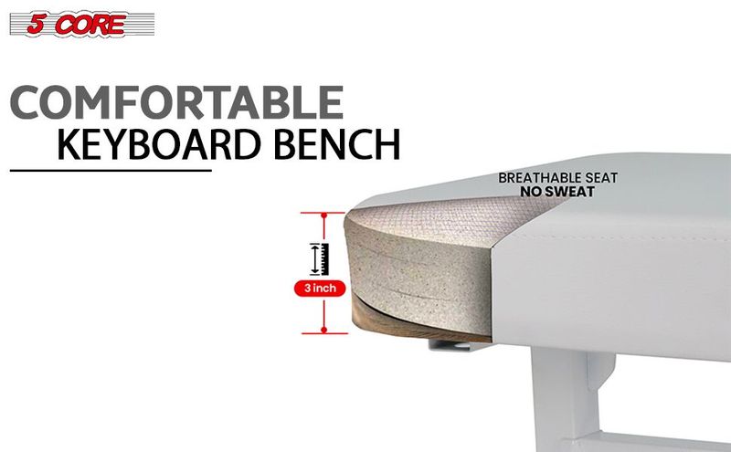 5 CORE Keyboard Bench Piano Stool T Style White Thick Padded Cushion Seat | Height Adjustable 17 To 22 Inch | Keyboard Chair (PU Leather) KBB H-ADJ WH_voghion.com