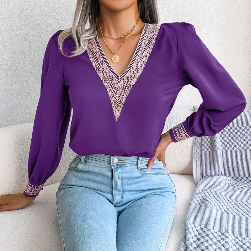 2023 herbst/Winter Temperament Spitze V-ausschnitt Langarm Chiffon Hemd frauen Kleid_voghion.com