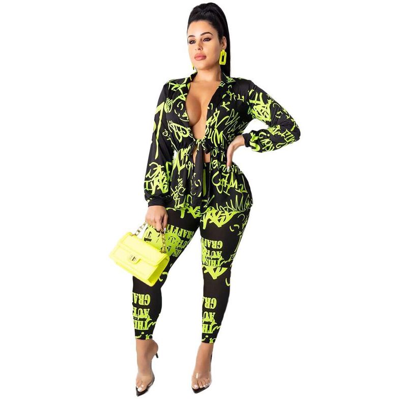 Conjunto feminino de duas peças com estampa de letras, blazer de manga comprida e calça lápis, roupa elegante para escritório, poliéster elástico, P/M/G/GG (laranja)_voghion.com