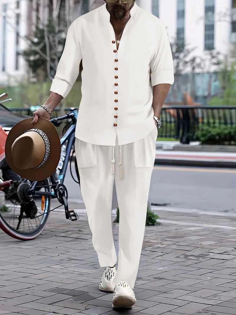 Set de două piese pentru bărbați, primăvară-toamnă, cămașă din bumbac și in, casual, cu mânecă lejeră, pantaloni lungi_voghion.com