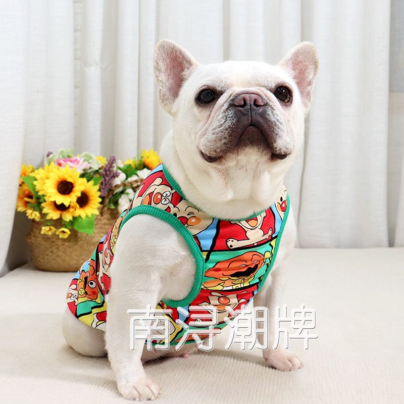Franse zomer cartoon dikke hond vest katoenen bulldog mopshond kleding huisdier kleding_voghion.com