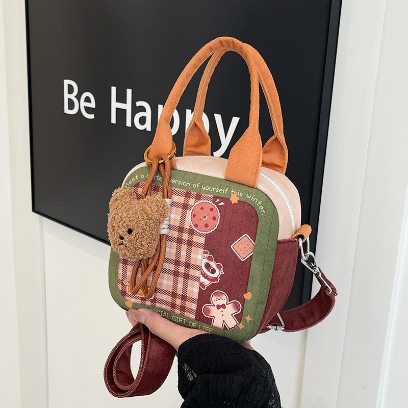 Handheld Plaid Square Box For Women 2025 New Trendy Fashion Korean Style Canvas Cartoon Shoulder Crossbody Bag_voghion.com