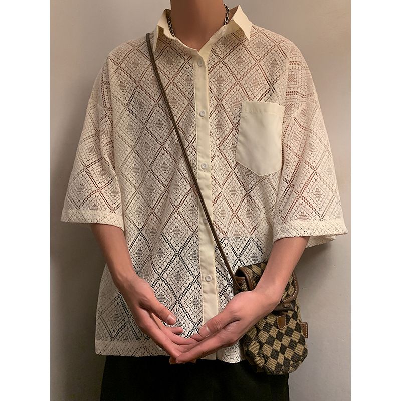 Camicia a maniche corte con risvolto sottile, da uomo, estiva, retrò, ampia, con tasche a 5 punti_voghion.com