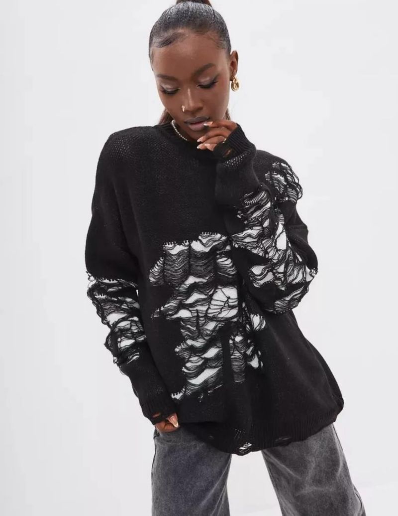 Pull à manches longues style décontracté pour femme, haut tricoté, ample et déchiré_voghion.com