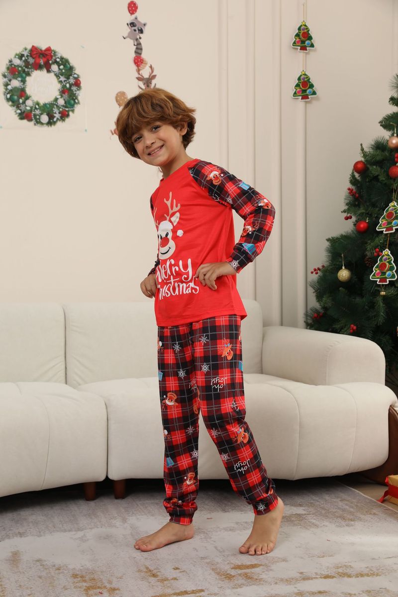 Vêtements d'intérieur à manches longues européens et américains très populaires, ensembles de Noël à carreaux imprimé cerf, tenues parent-enfant, pyjamas de Noël_voghion.com