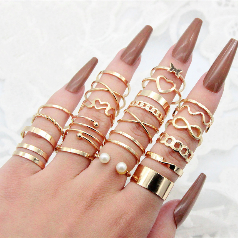 Shuosbai 22 Teile/satz Frauen Ringe Hochglanz Poliert Hypoallergen Verschiedene Legierung Geschenk Mode Schmuck Hohl Liebe Herz Finger Öffnung Ringe_voghion.com