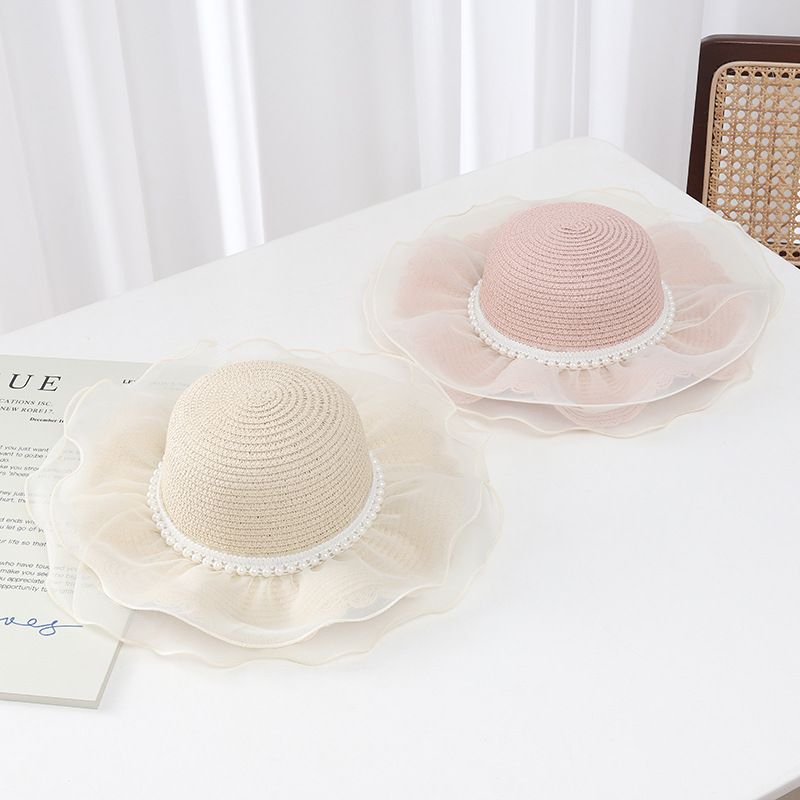 Piccolo set di cappelli e borse da spiaggia con ombrellone e parasole in paglia per bambini, con bordo ondulato fresco, estate, genitori e bambini_voghion.com
