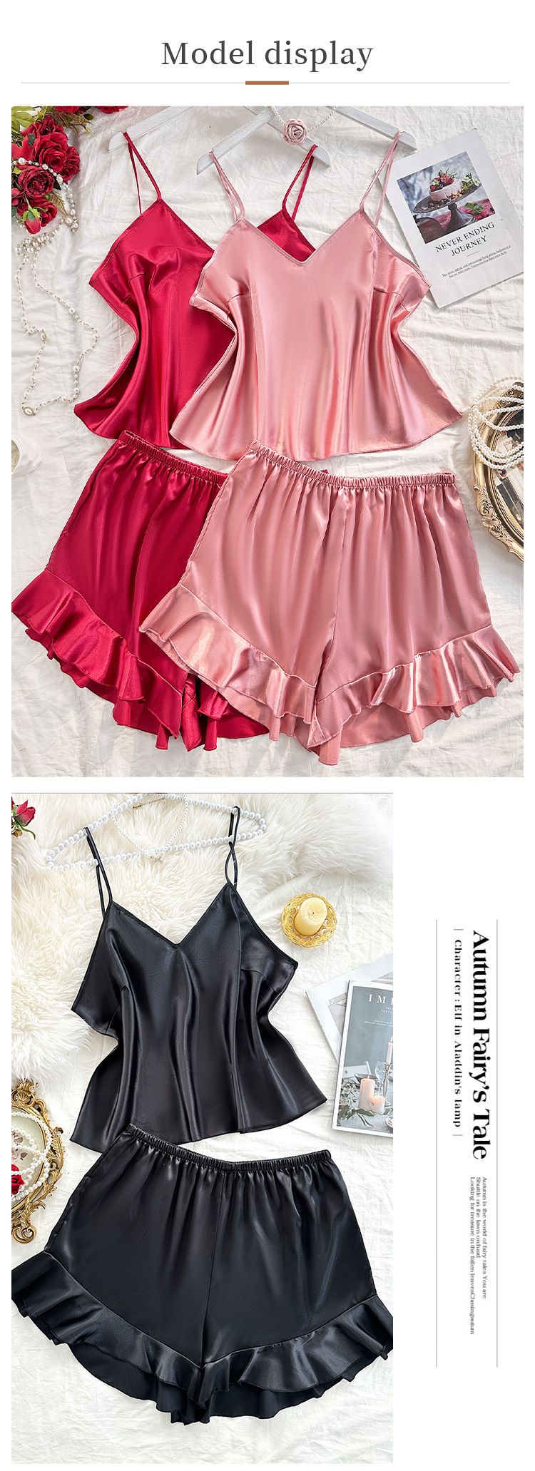 Plus Size Damen-Eispyjama-Set, schlichte, dünne Seidennachtwäsche, modischer Schnürpyjama_voghion.com