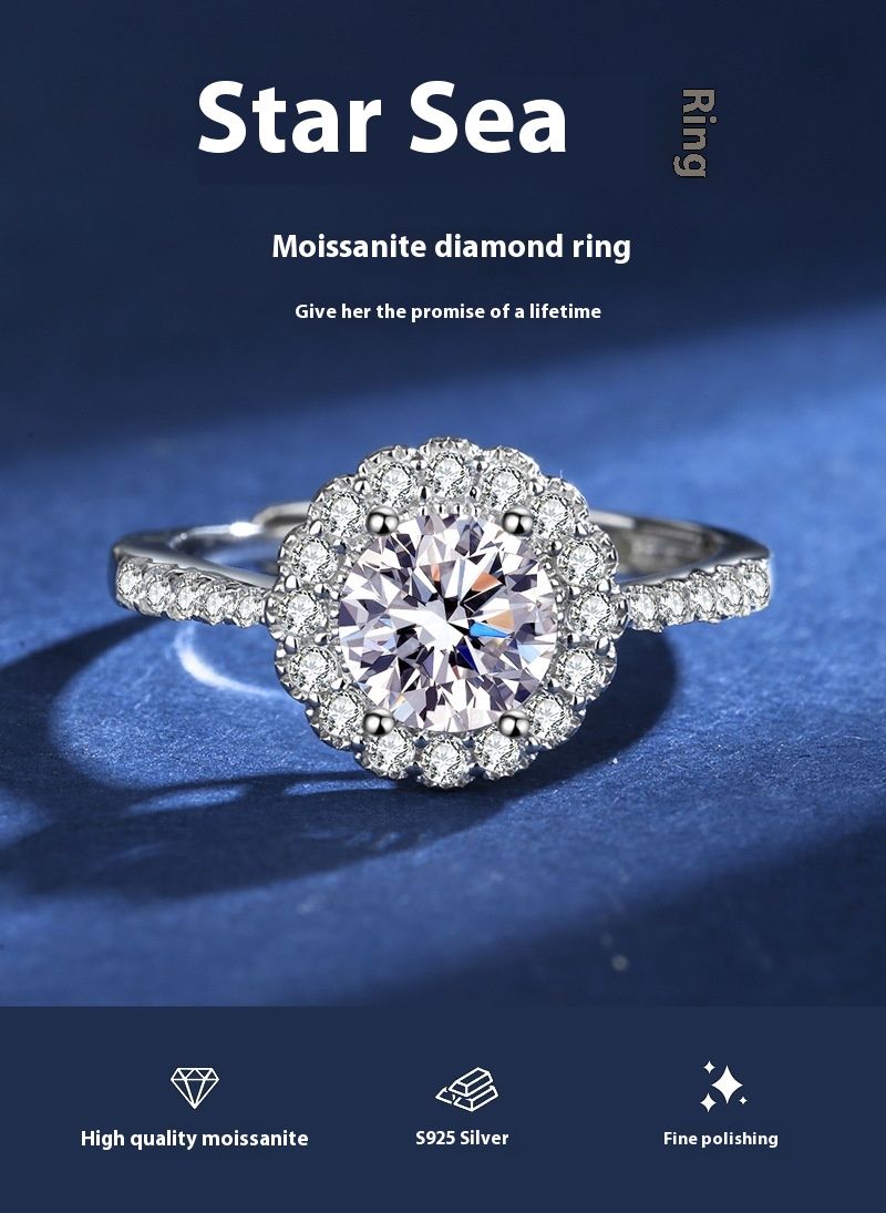 S Silver Round Four Claw Mosang Stone med justerbar öppningsring, Star Ocean vigselring_voghion.com