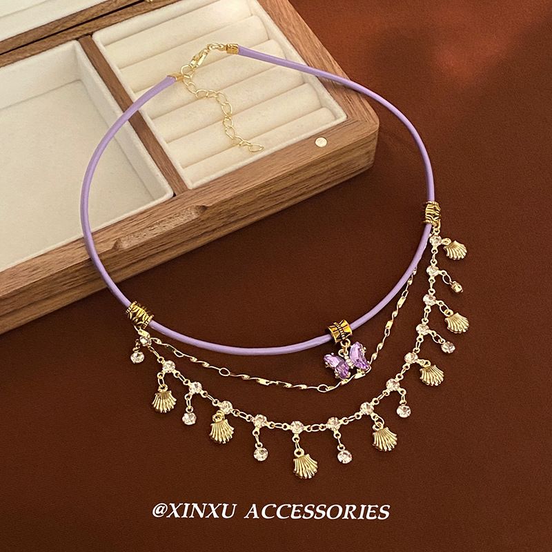 Duftende Taro Lilla Sommerfugl ~ lilla Lærskall Dusk Sommerfugl Halskjede, Dame Nytt Flerlags Stablet Choker Kragebeinkjede_voghion.com