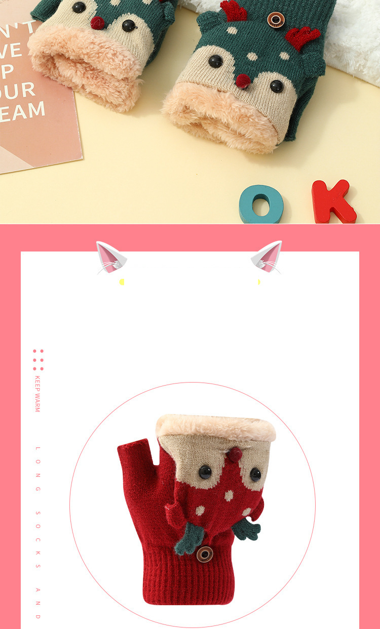 Świąteczne skarpetki z łosiem i aksamitnymi grubymi, jesiennymi/zimowymi, ciepłymi, dzianinowymi rękawiczkami dla kobiet, z półpalcami, studenckim pismem odręcznym, z otwartymi palcami i klapkami_voghion.com
