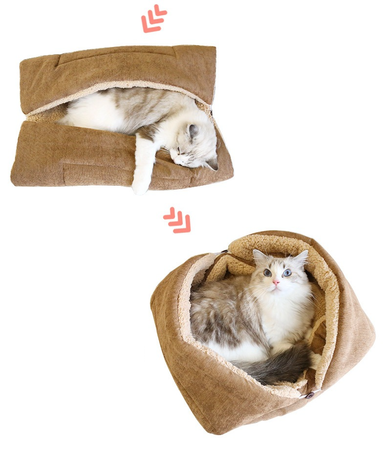 Letto per gatti sacco a pelo per gatti letto per animali domestici sfoderabile e lavabile inverno caldo in pelle di agnello ispessita carino semi chiuso caldo cuscino letto_voghion.com