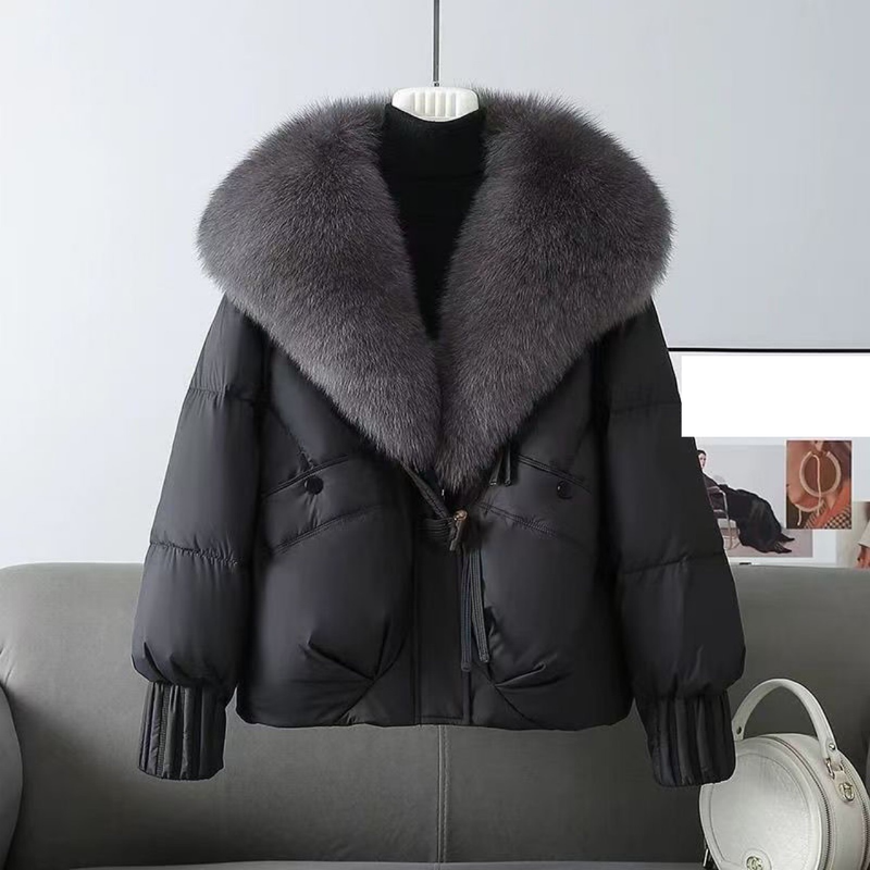 Women's Clothing Short Puffer Jacket With Fox Fur Collar - Cozy Winter Coat, Thicken Warm Fleece Lining, Loose Fit, Zipper Closure, Multiple Colors_voghion.com
