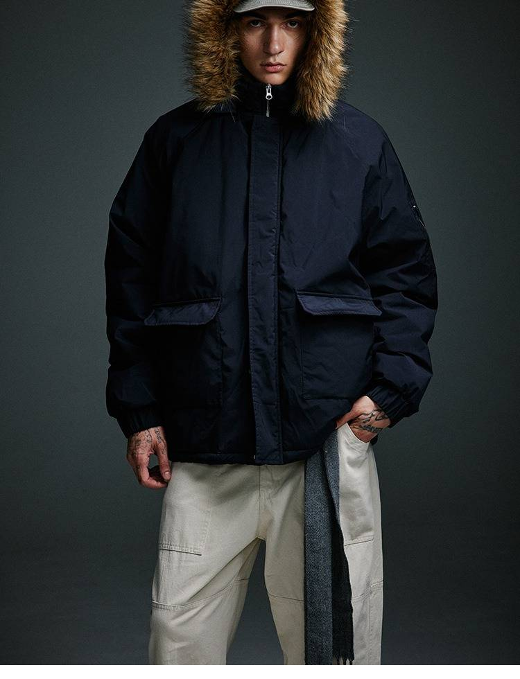 Parka de invierno para hombre con cuello de piel: chaqueta acolchada de algodón grueso con capucha (tallas M-XXL, azul marino/negro)_voghion.com