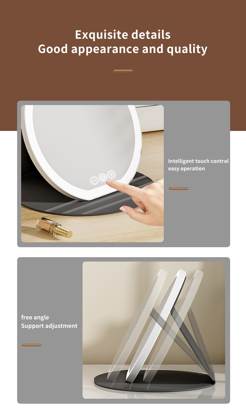 Professioneller LED-Kosmetikspiegel mit 3-farbiger Beleuchtung – Touch-Steuerung, über USB wiederaufladbar, HD-Aluminiumspiegel für Zuhause, Büro und unterwegs_voghion.com