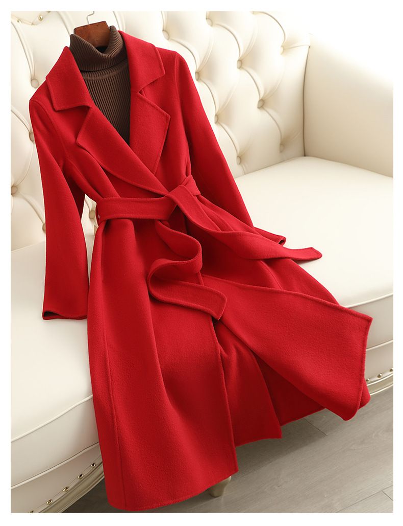 Elegant Double-Faced Wool Coat For Women – Slim Fit Long Trench Coat In Brick Red, Green, Black, Camel & Red_voghion.com