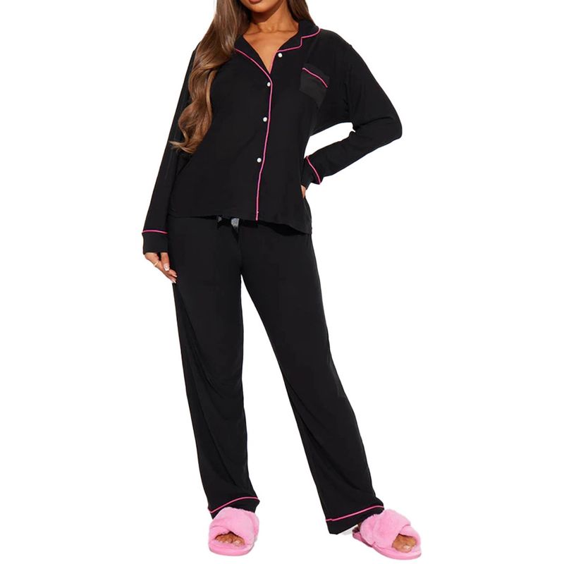 Women's Lounge Pantsuit – Button-Up Collared Shirt & Trousers Set (S-XXL, Black, Text Print, Lightweight Polyester, Euro/Afro Fit)_voghion.com