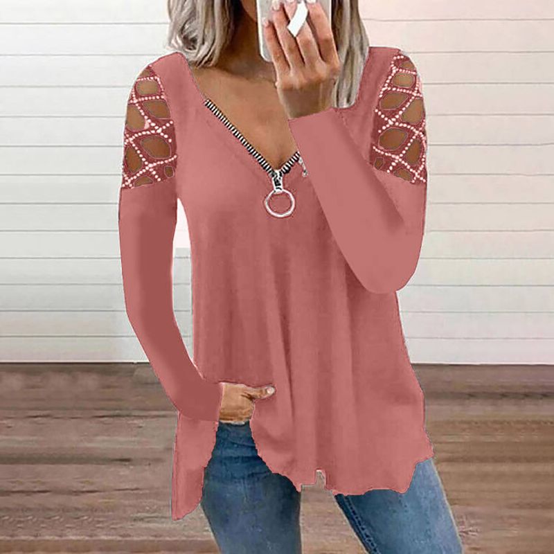 T-shirt casual da donna con scollo a V, manica cava, tinta unita, nuova moda autunno inverno 2023_voghion.com