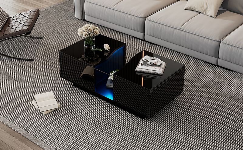 Table basse moderne à LED avec 2 tiroirs, 100 x 50 x 35 cm, plateau en acrylique noir brillant avec éclairage LED, table d'appoint en MDF pour salon et chambre._voghion.com