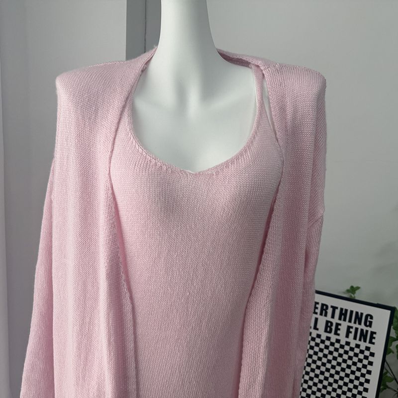 Damesset van kanten gebreid vest en lange mouwen - ademende mohairmix, slim fit zomercover-up, zachte pasteltinten_voghion.com