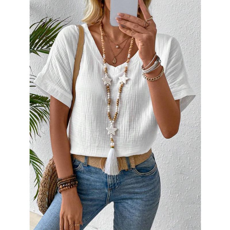 Effen dames T-shirt met V-hals en korte mouwen_voghion.com