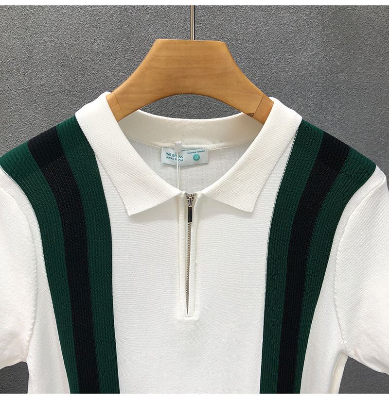 Herrenbekleidung Freizeit Ice Silk Slim Herren Vertikal Gestreiftes Revers Gestricktes Kurzarm T-Shirt Business_voghion.com
