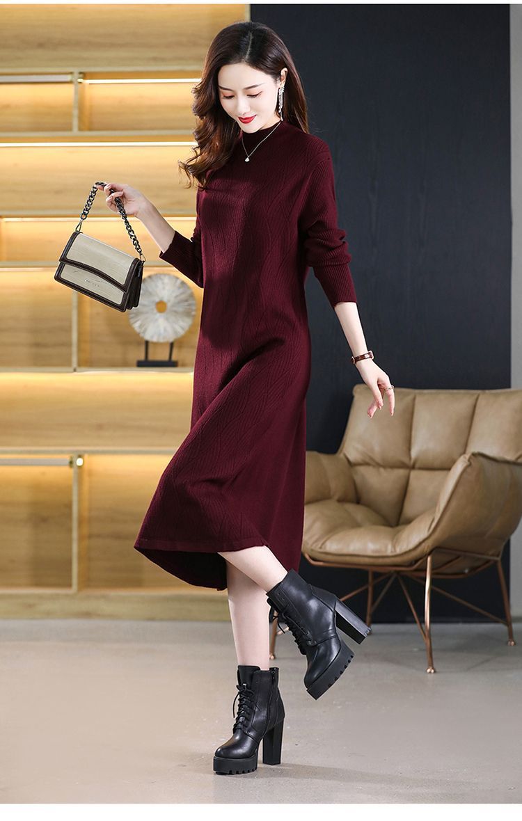 Herbst-Wintermantelpullover für Damen, halber Rollkragen, lockere lange Ärmel, mittellange Basisschicht, Overknee-Strick_voghion.com