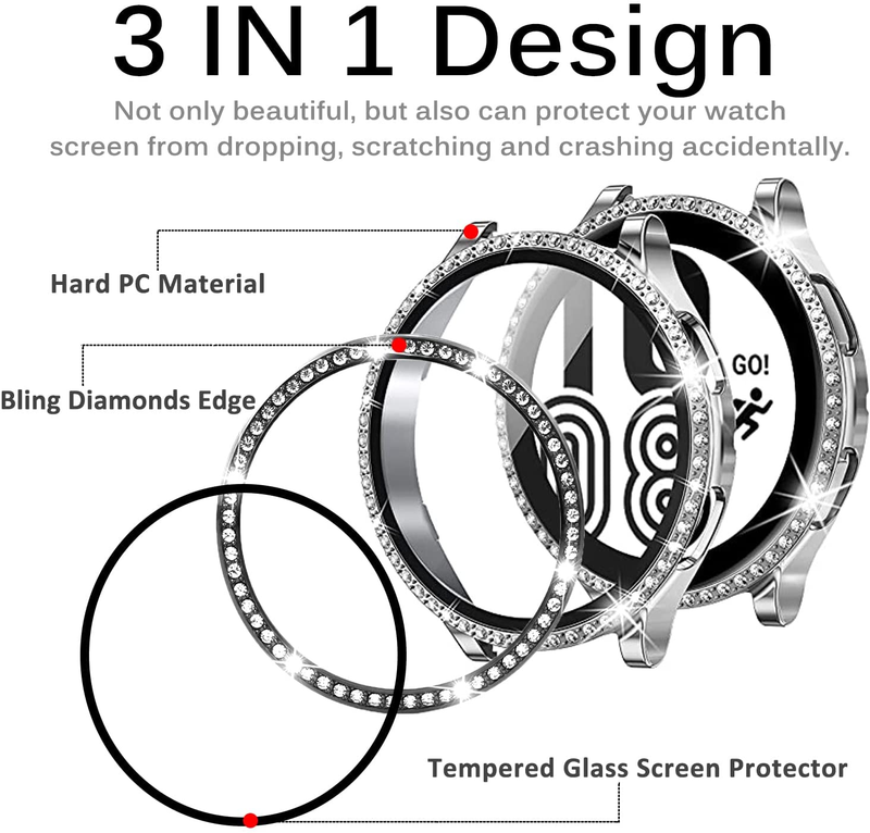 Glass+Case for Samsung Galaxy watch 4 44mm 40mm Accessories Bling Diamond PC bumper Shell +Screen protector Galaxy watch4 cover_voghion.com