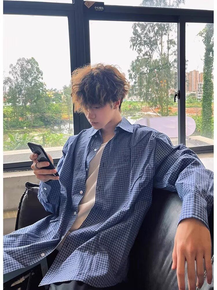 Camicia a quadri blu retrò, camicia con protezione solare, giacca casual autunnale da uomo_voghion.com