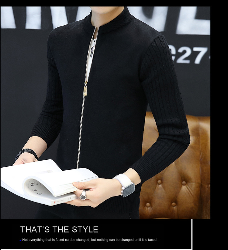 Men's knit cardigan slim stand collar zipper coat solid color sweater for men_voghion.com