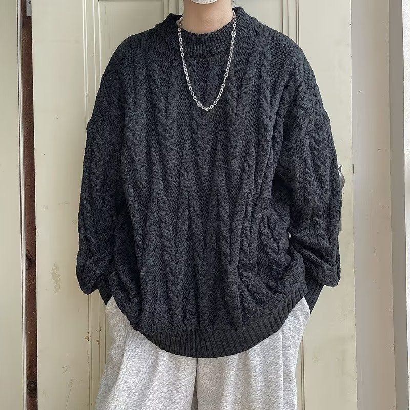 Men's Round Neck Knitting Coat Men's Design Fried Dough Twists Loose Lazy Sweater_voghion.com
