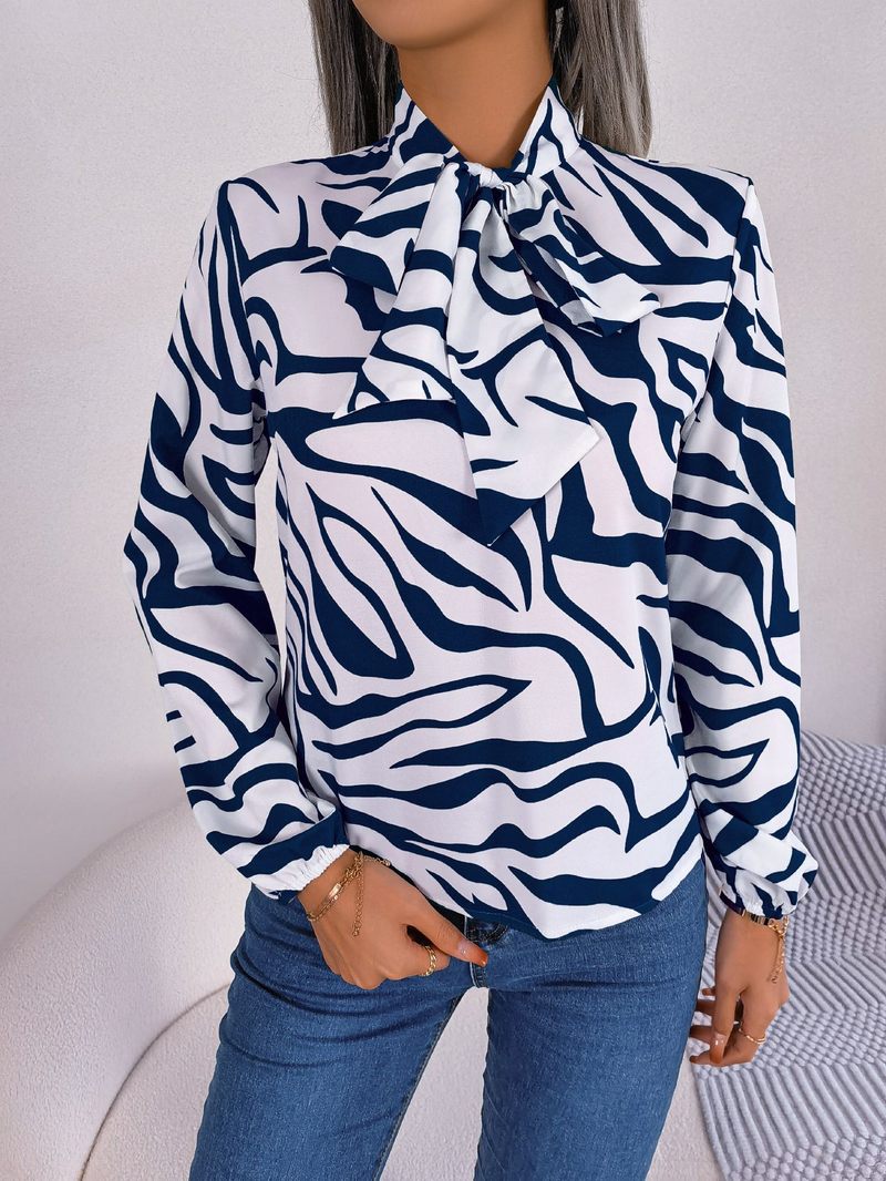 Blusa feminina com decote em v manga comprida estampa listrada casual solta camisa de trabalho elegante blusa de negócios_voghion.com