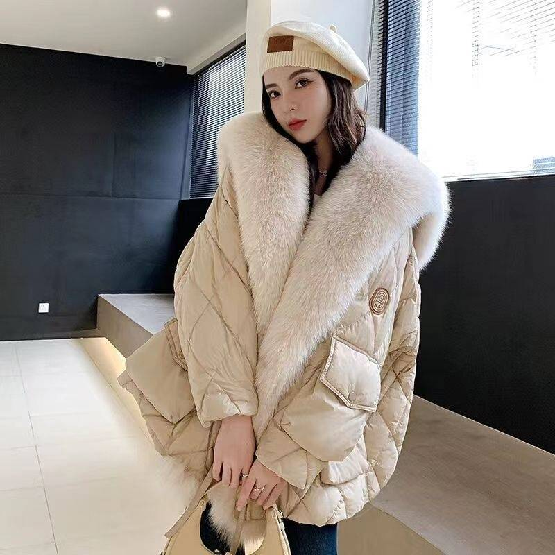 Damenbekleidung Fuchspelz Marine Kragen Daunen Baumwolljacke Pelz Baumwolljacke_voghion.com
