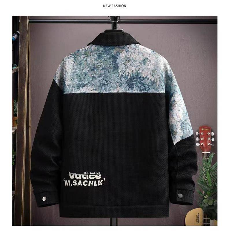 Extra Large Size Fat Loose Waffle Jacket Men's Spring And Autumn Ethnic Style Splicing Lapel Trendy Jacket Top_voghion.com