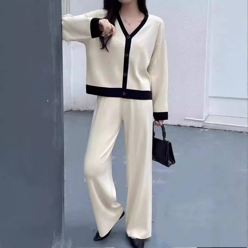 Women's Clothing Fashion Suit For Women New Style Splicing V Neck Long Sleeved Knitted Cardigan Top + Casual Wide Leg Pants Two Piece Suit_voghion.com