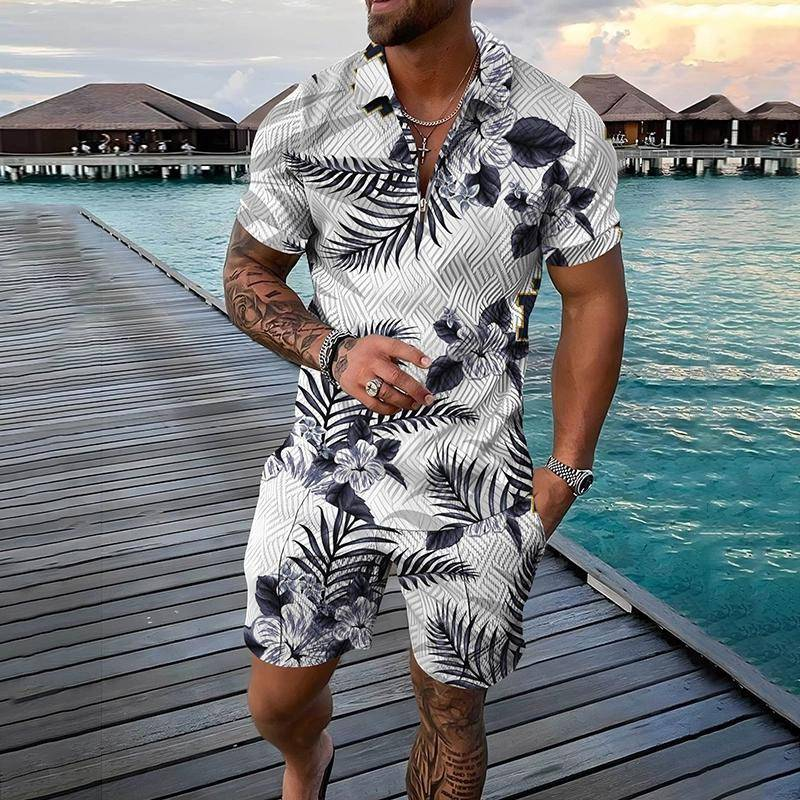Neues modisches Poloshirt-Set mit Reißverschluss für Herren, lässig, mit 3D-Druck, kurzärmelige Hemden und Shorts_voghion.com