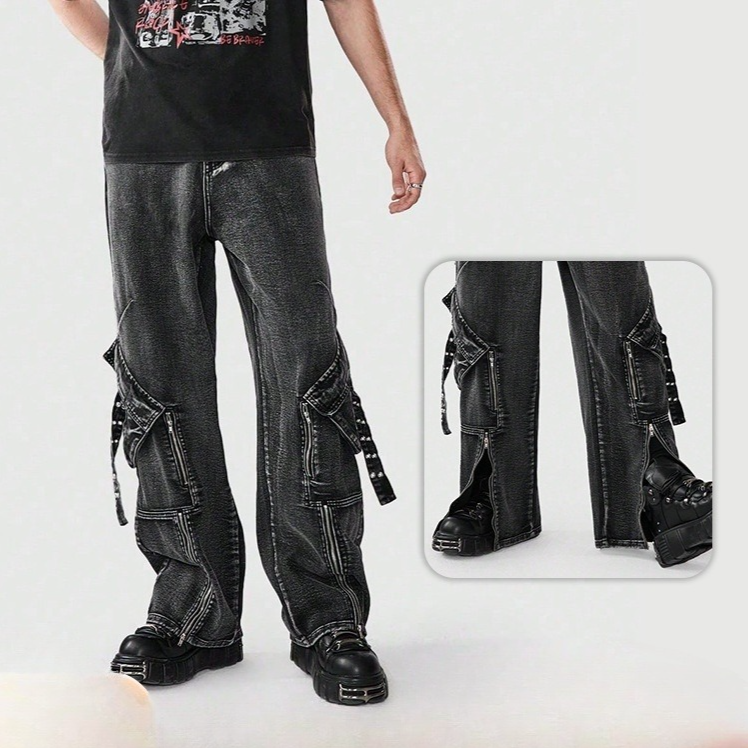 Men's Clothing Zipper Multi Pocket Trendy Flared Pants High Street Straight Wide Leg Jeans_voghion.com