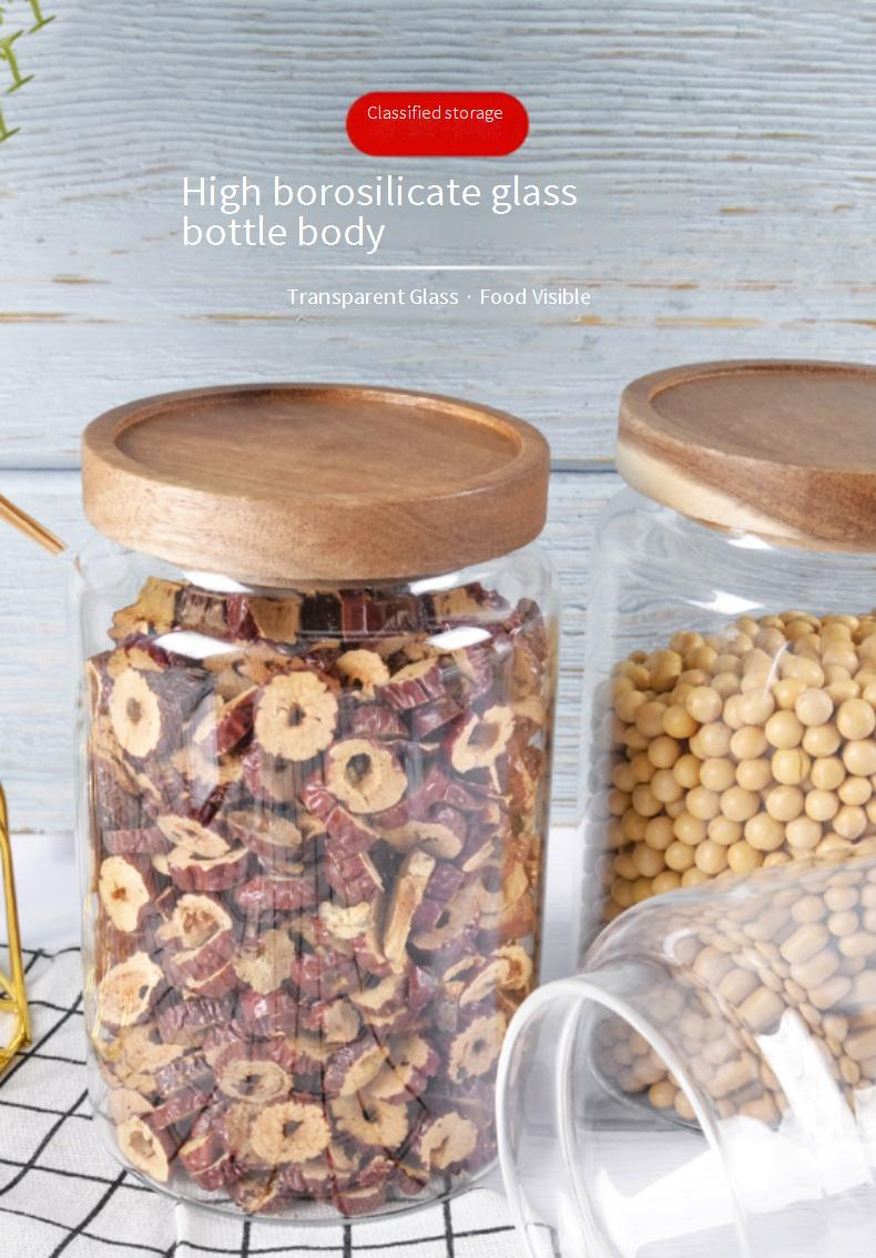 Barattoli in vetro con coperchi in legno di acacia - Contenitori ermetici per tè, spezie e alimenti secchi (forma rotonda, organizzazione della dispensa)_voghion.com