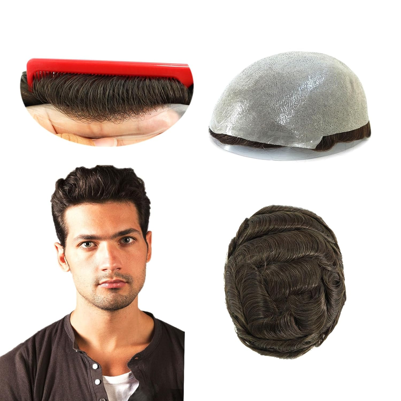 Thin Skin Knotted Toupee For Men 100% Human Hair Replacement System 0.05-0.06mm PU Base Hair Pieces Natural Hairline Real Wigs #4 Medium Brown Color_voghion.com