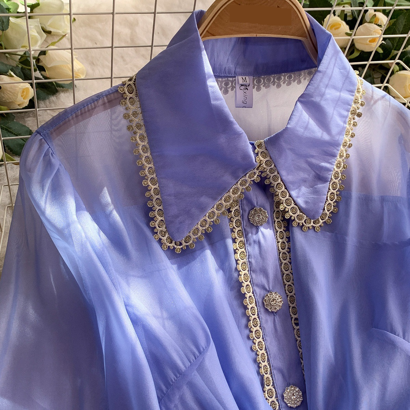 Abito elegante da donna con colletto in pizzo e maniche a lanterna - Abito estivo midi a trapezio con vita alta e bottoni sul davanti (blu/bianco/rosa)_voghion.com