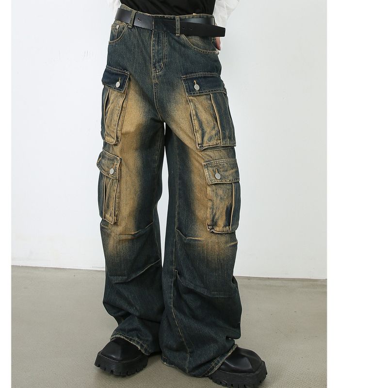 Jean de travail vintage Nirben – Pantalon cargo coupe décontractée avec poches multiples et denim bleu délavé (S-XXXL, effet vieilli)_voghion.com