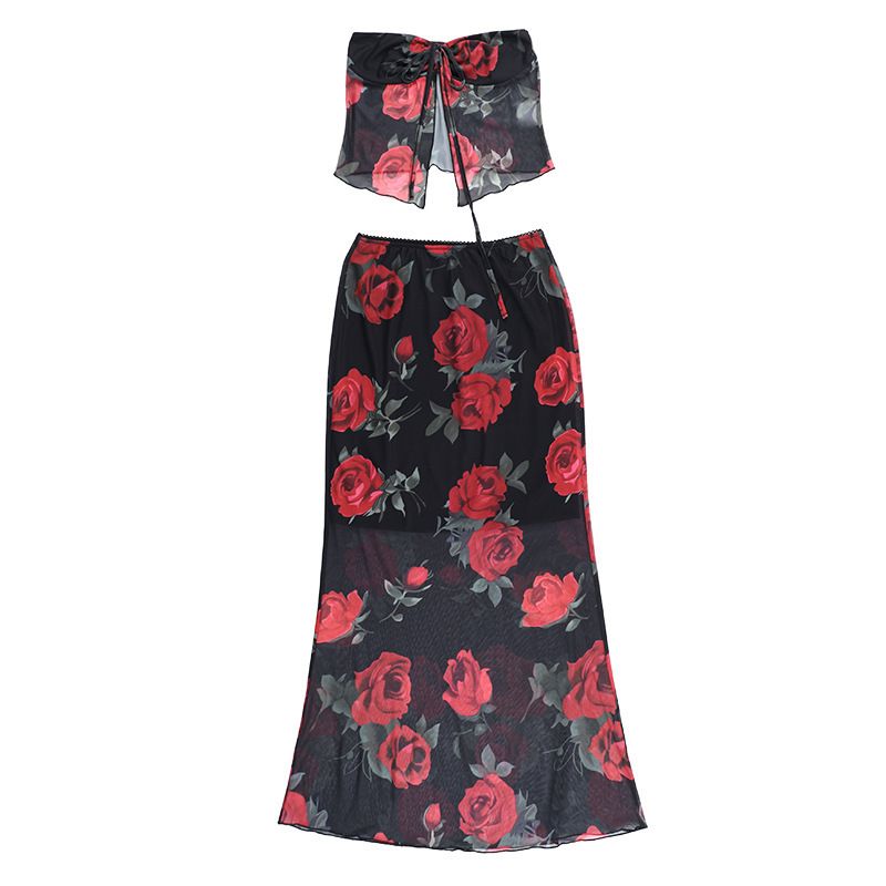 Women's Clothing Fashion Mesh Printed Tube Top Skirt Suit Summer New Slim Fit_voghion.com