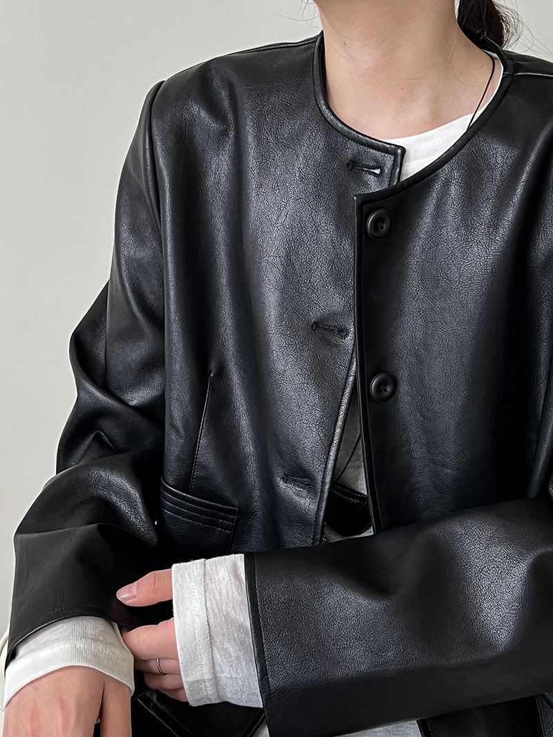 Dames slim fit PU leren jas met enkele knoopsluiting - Koreaanse stijl cropped bikerjack voor de herfst, casual en veelzijdige bovenkleding_voghion.com